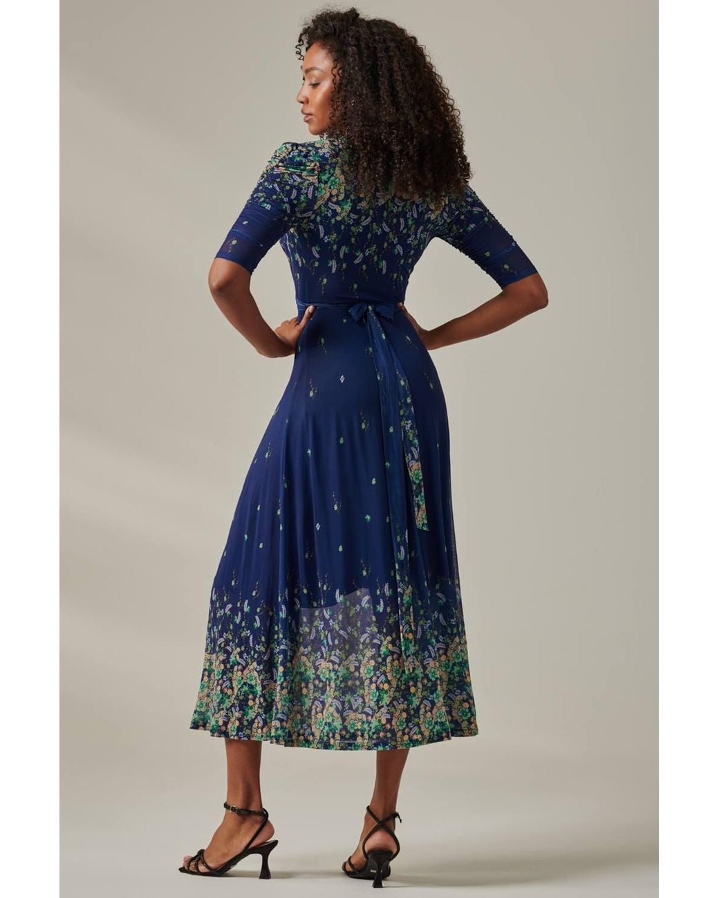 Jolie Moi Blue Half Sleeve Floral Wrap Dress