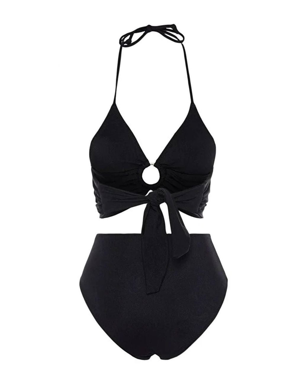 WOVCOR Black Halterneck Ring Detail Ruched Bikini Set