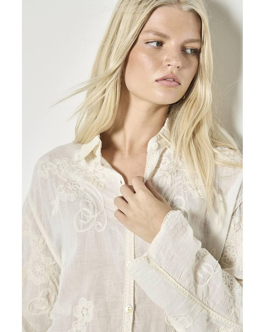 Apricot Natural Embroidered Cotton Mesh Lace Oversized Shirt