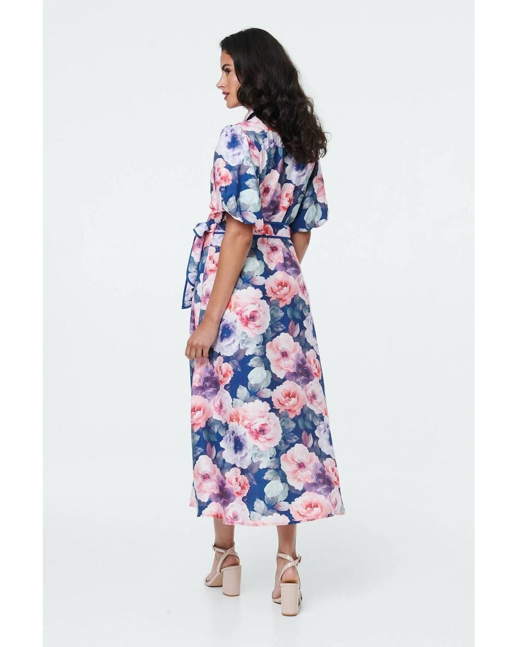 Izabel London Blue Floral 1/2 Puff Sleeve Tie Midi Dress