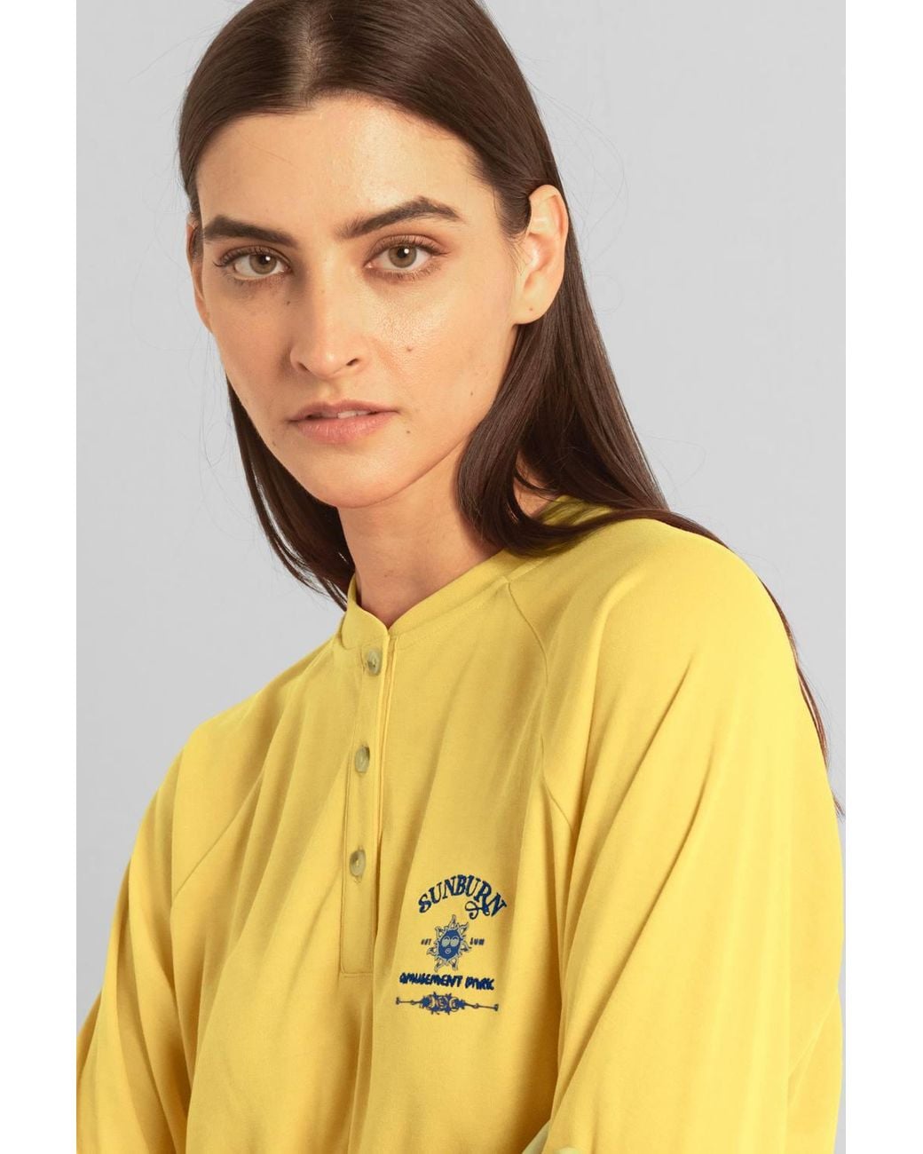 Enorsia Yellow Henley Button Up Long Sleeve Sweatshirt
