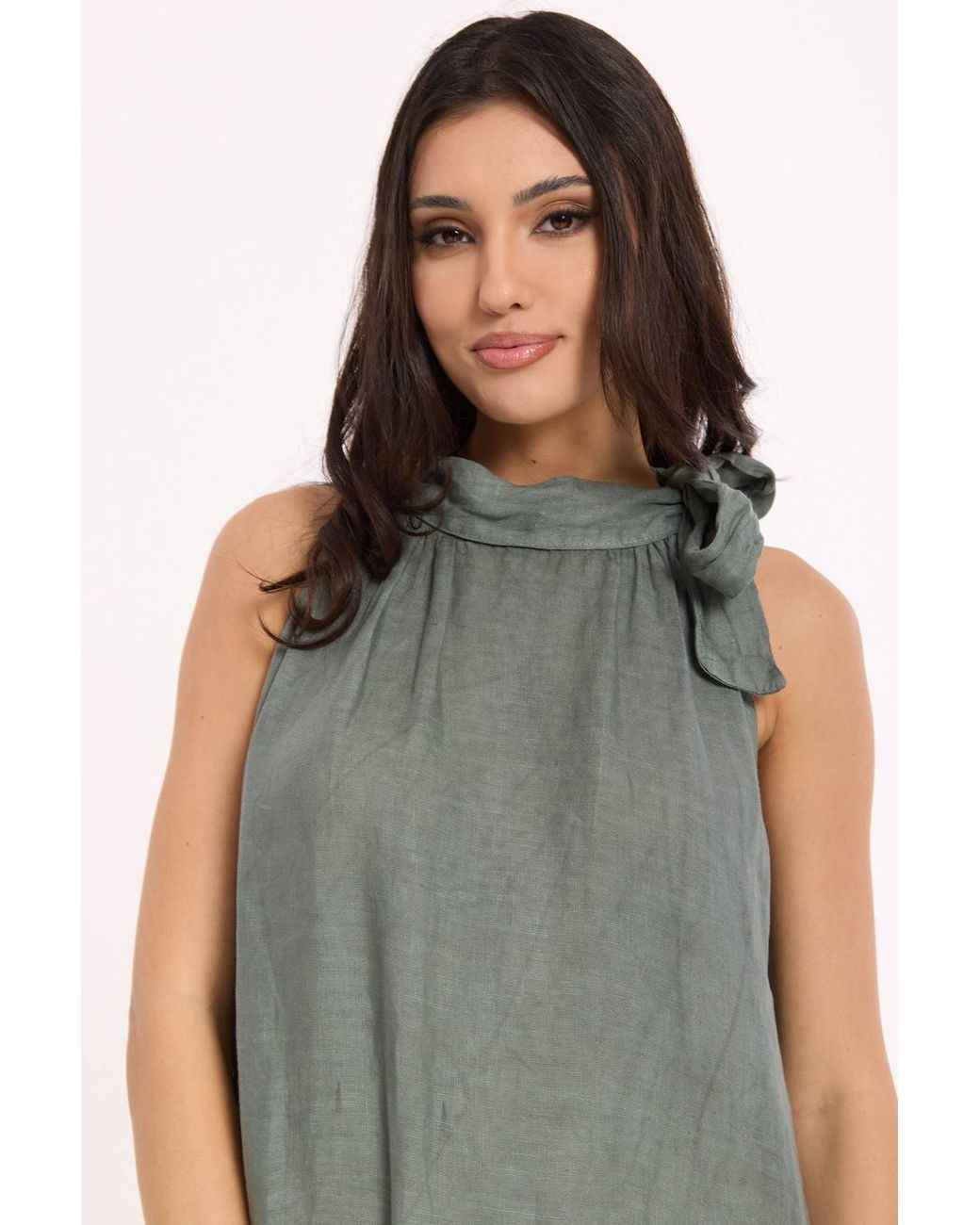 Liquorish Green Sage Linen Tie Neck Tiered Maxi Dress