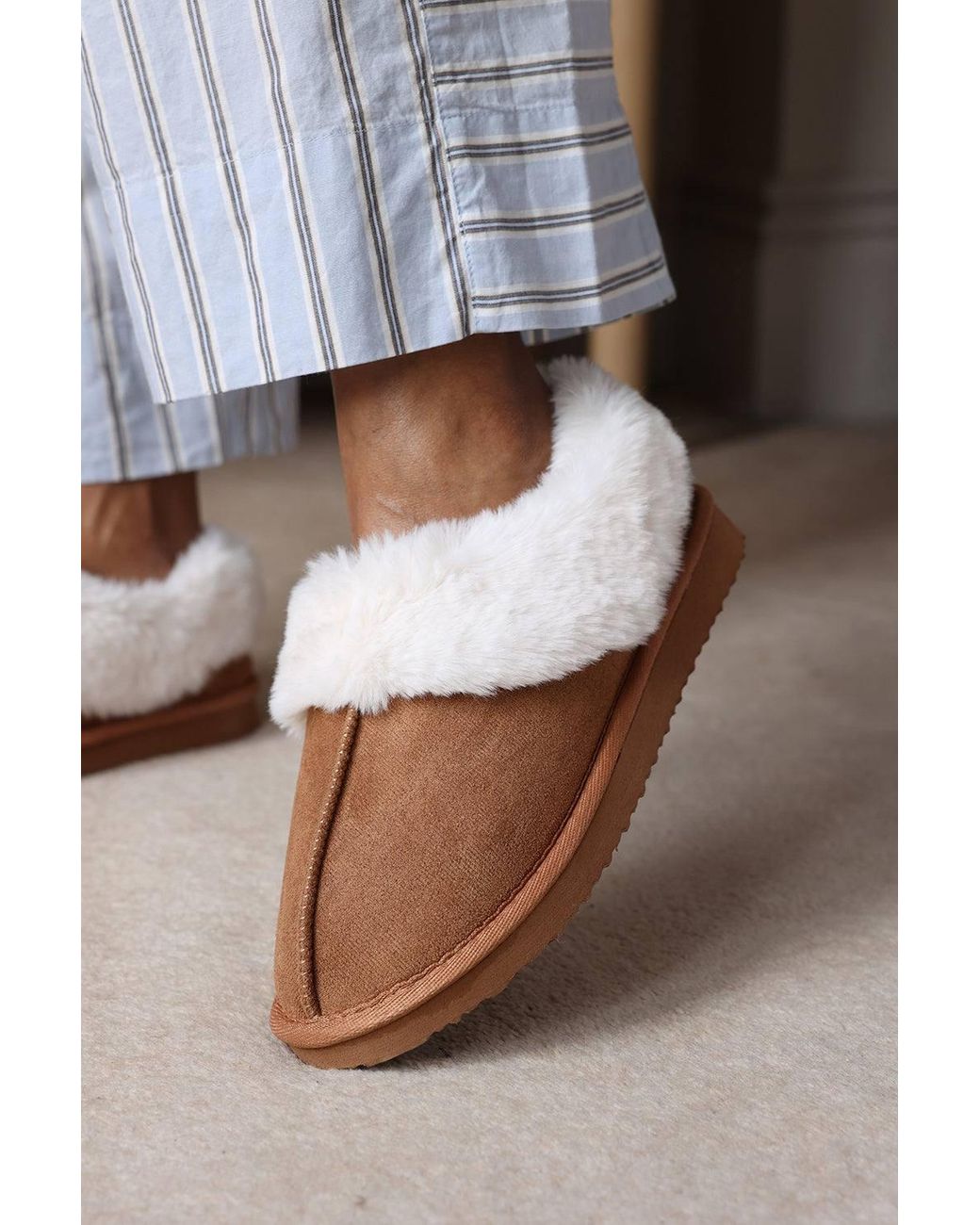 Where's That From Blue 'Qelora' Faux Suede Mule Slippers W/ Faux Fur Collar Trim