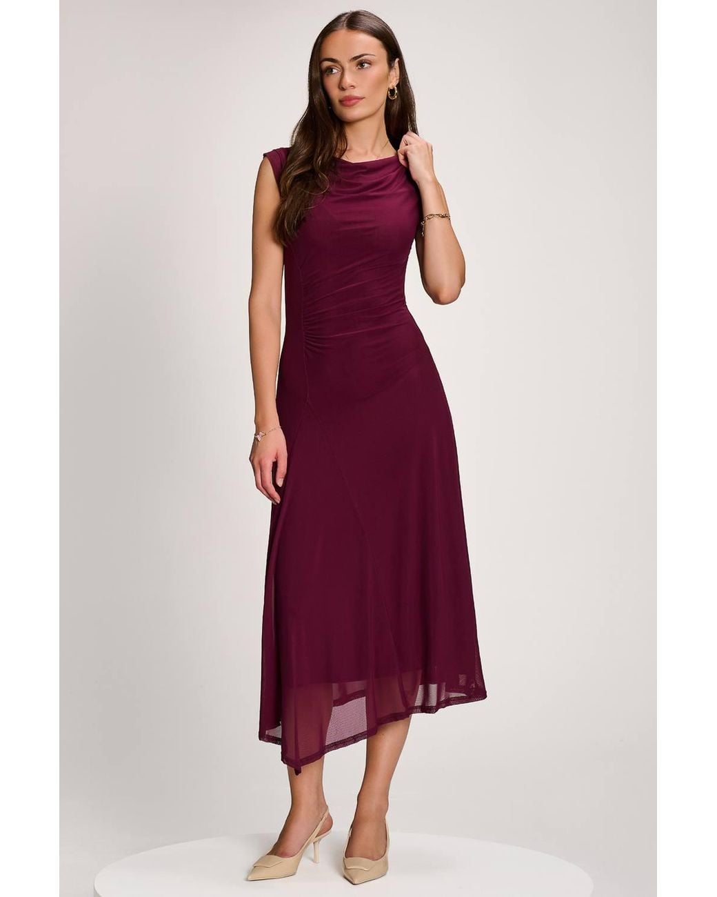 Jolie Moi Red Asymmetric Draped Mesh Maxi Dress