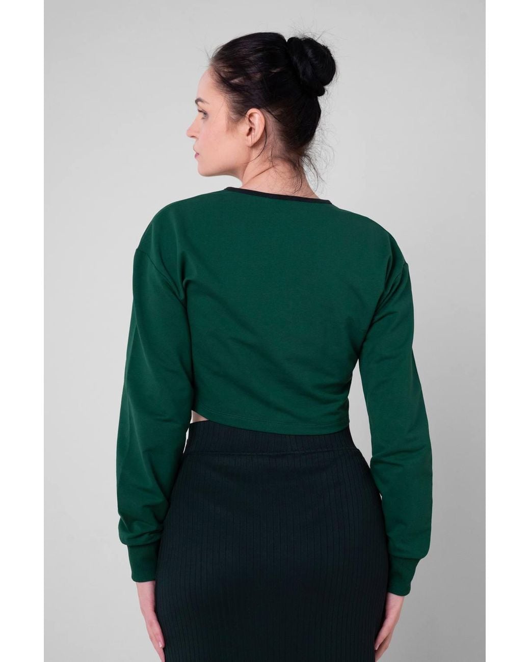 Enorsia Green Drop Shoulder Half Zip Crop Top