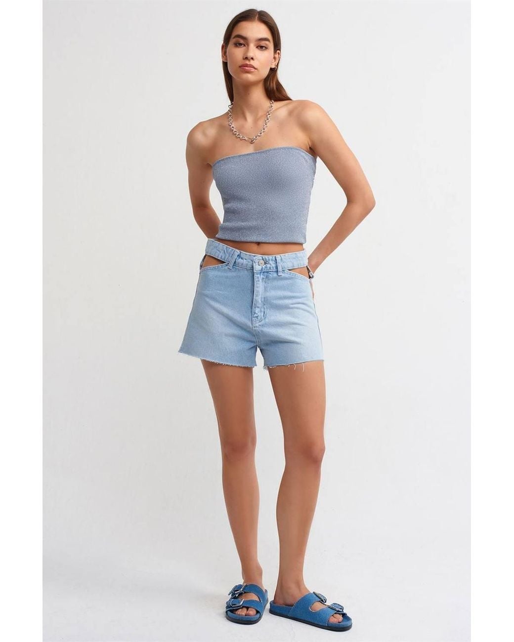 Dilvin Blue High-Waist Cotton Denim Mom Shorts W/ Cut-Out Detail