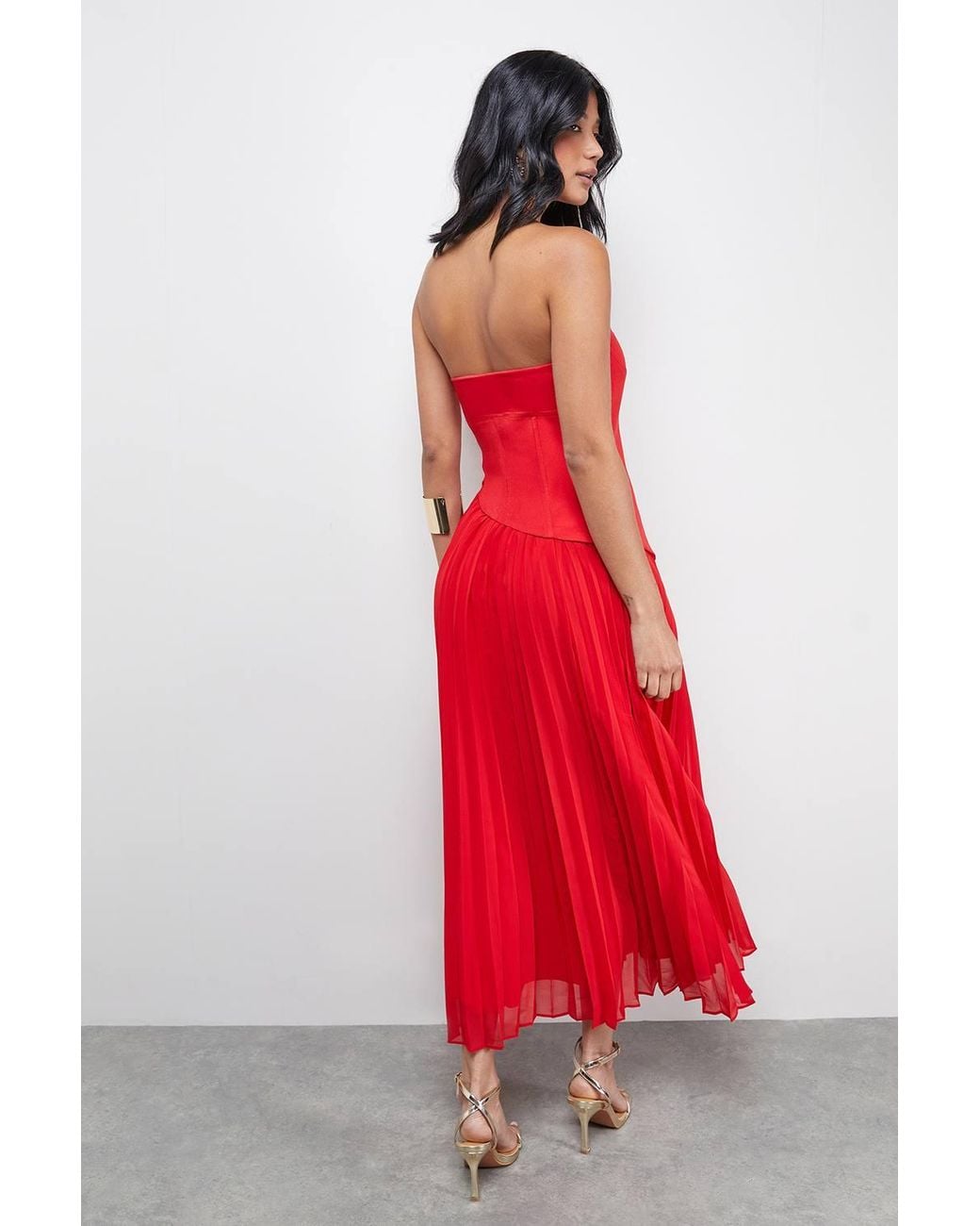 Warehouse Red Bandeau Bodice Pleated Chiffon Midi Dress