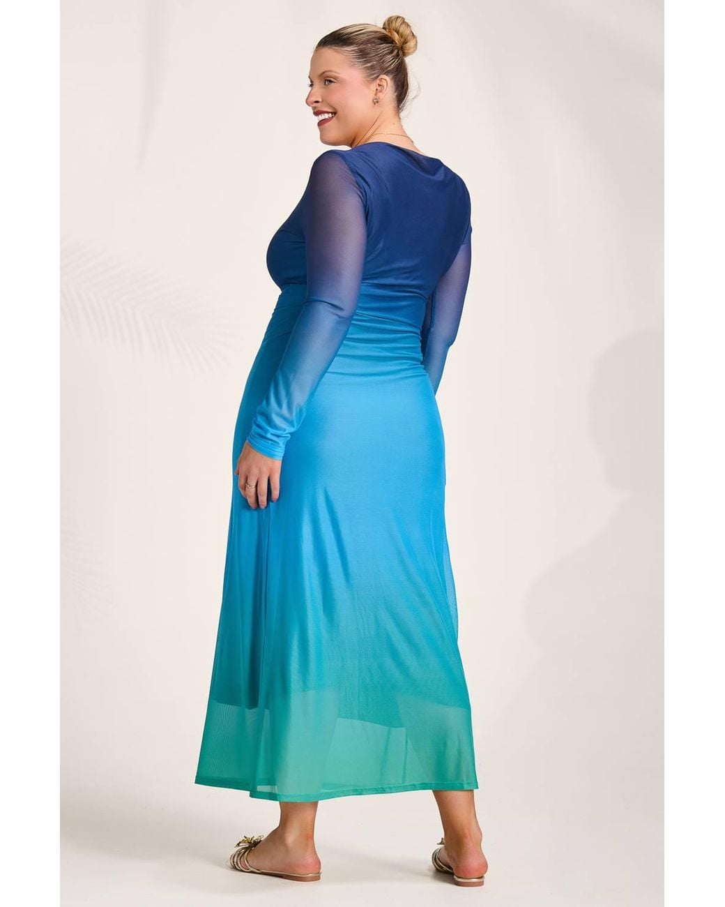Jolie Moi Blue Long Sleeve Slash Neck Mesh Maxi Dress