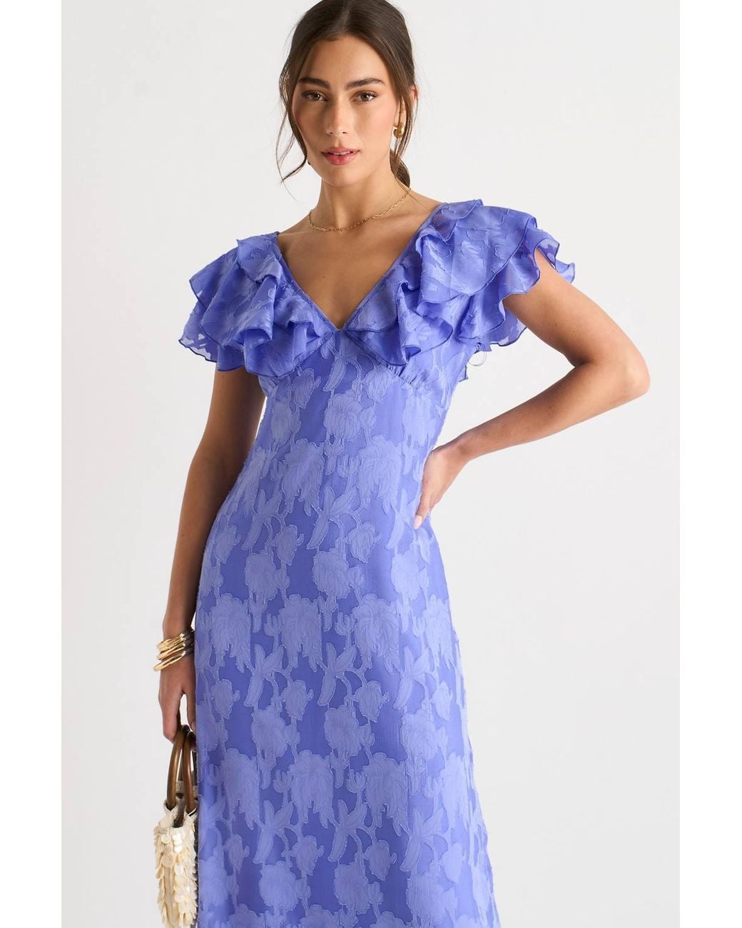 Gini London Blue Satin Jacquard Ruffle Maxi Dress