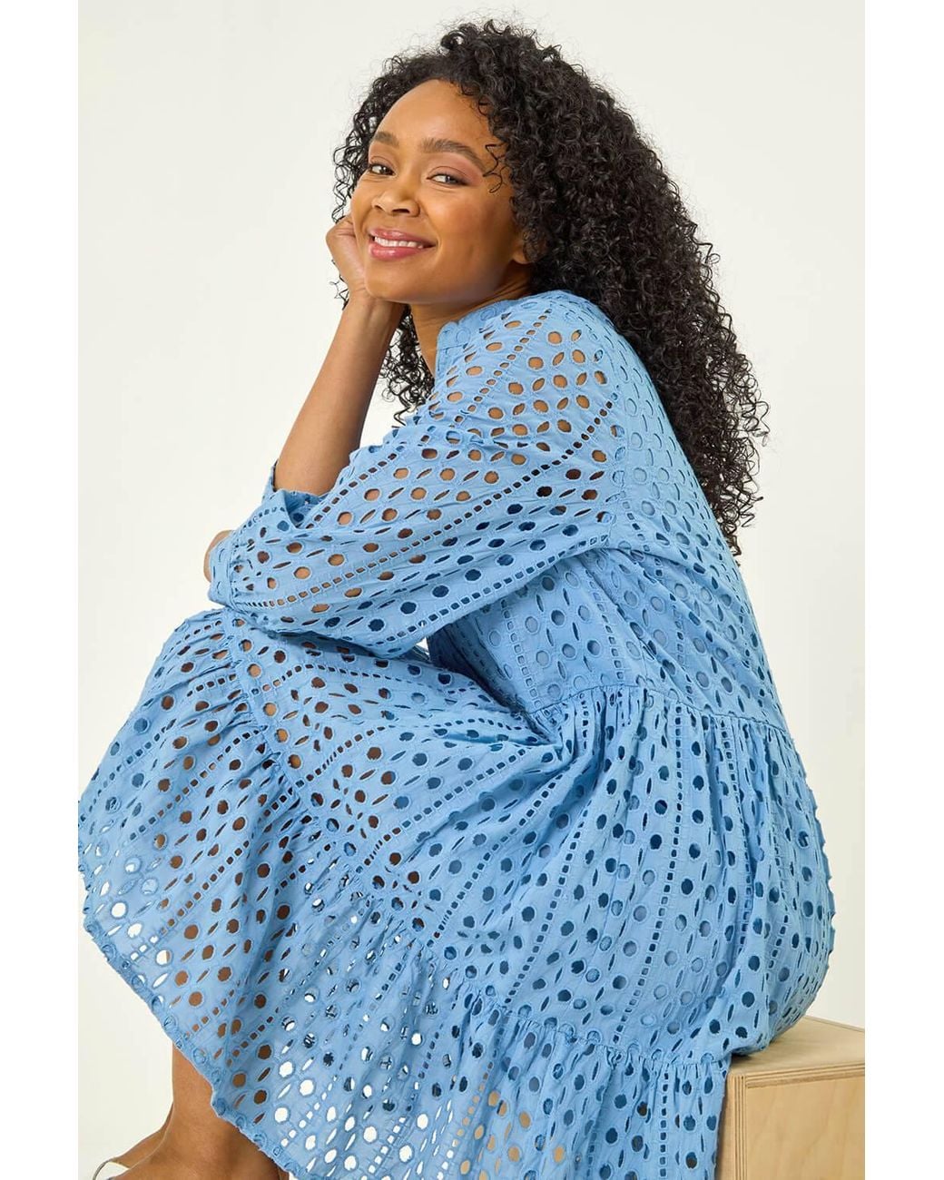 Roman Blue Petite Broderie Tiered Dress