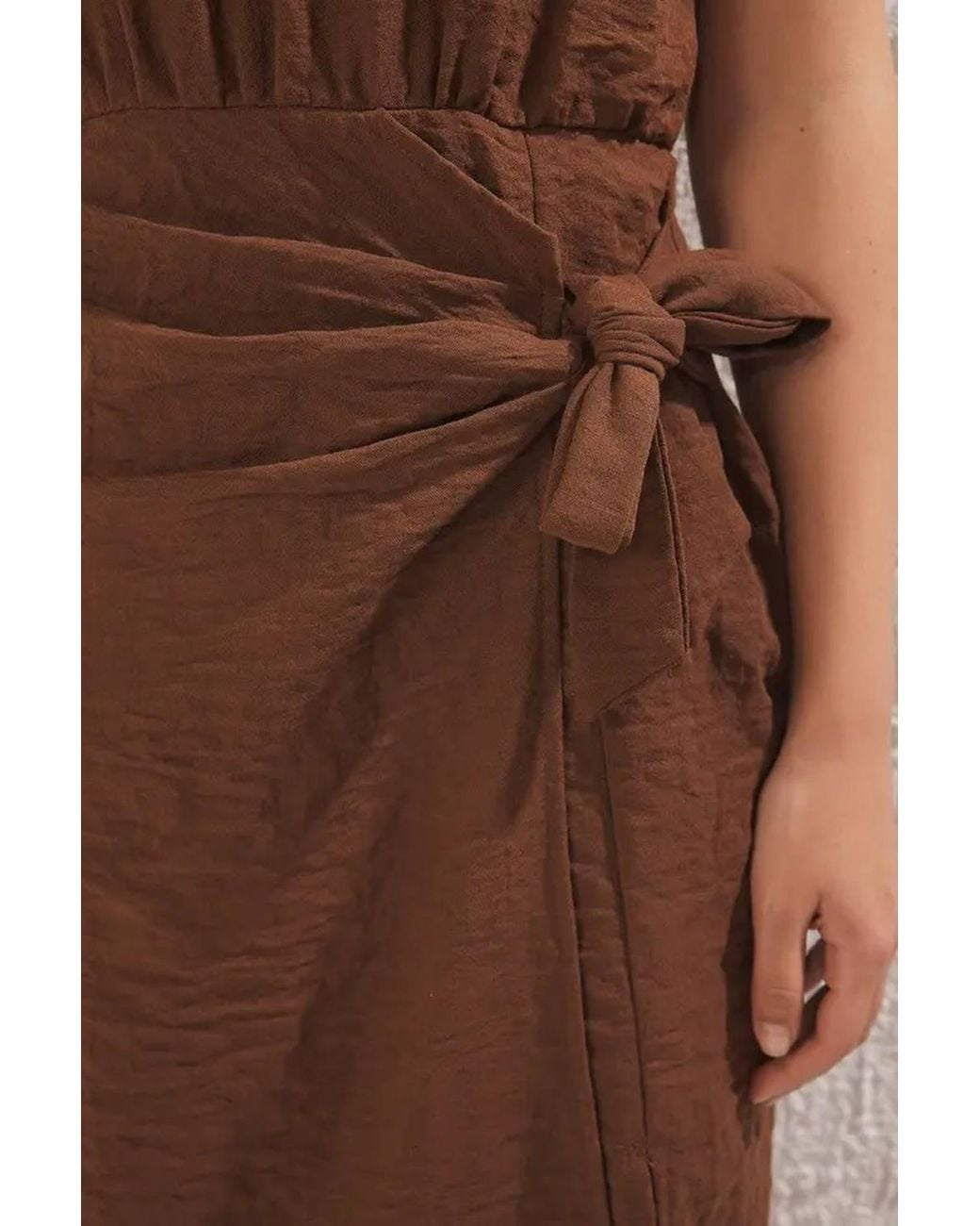WOVCOR Natural High Neck Midi Woven Dress W/ Tie Detail