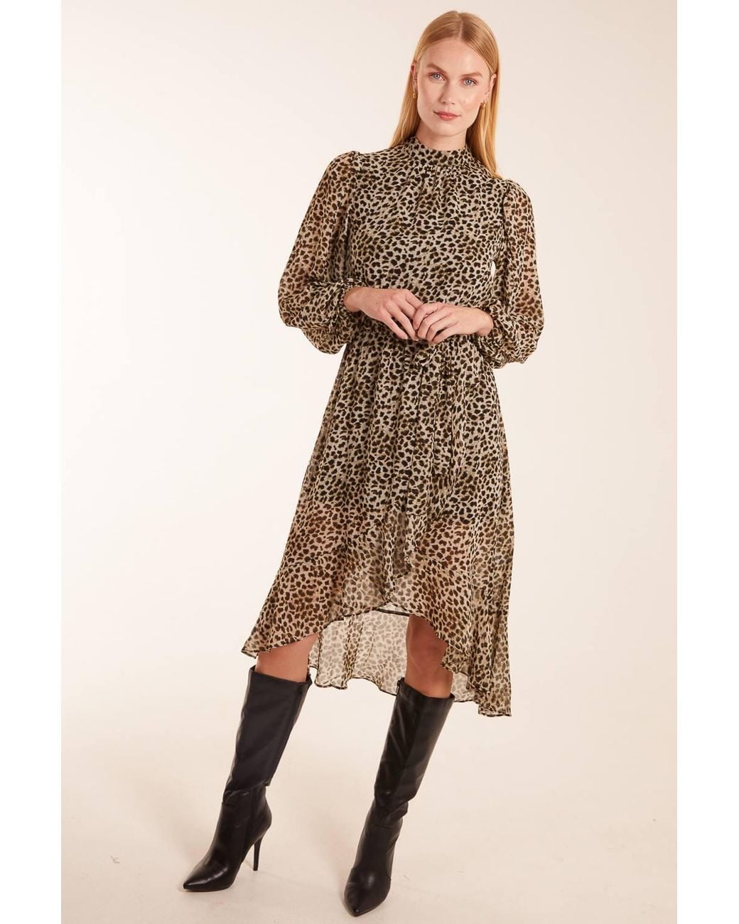 Blue Vanilla Brown High Neck Wrap Midi Dress