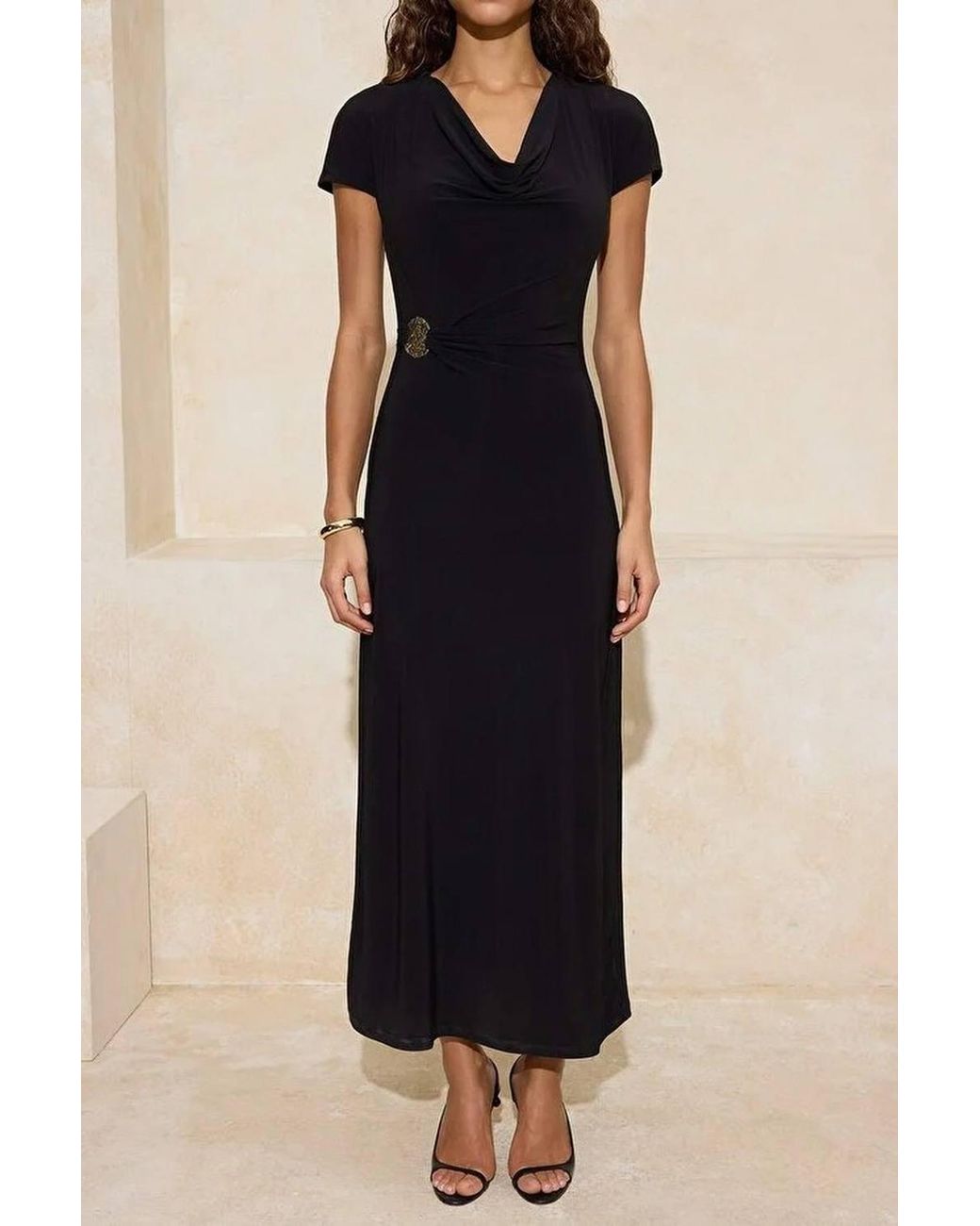 WOVCOR Natural Cowl Neck Ruched Hardware Detail Stretch Knit Maxi Dress