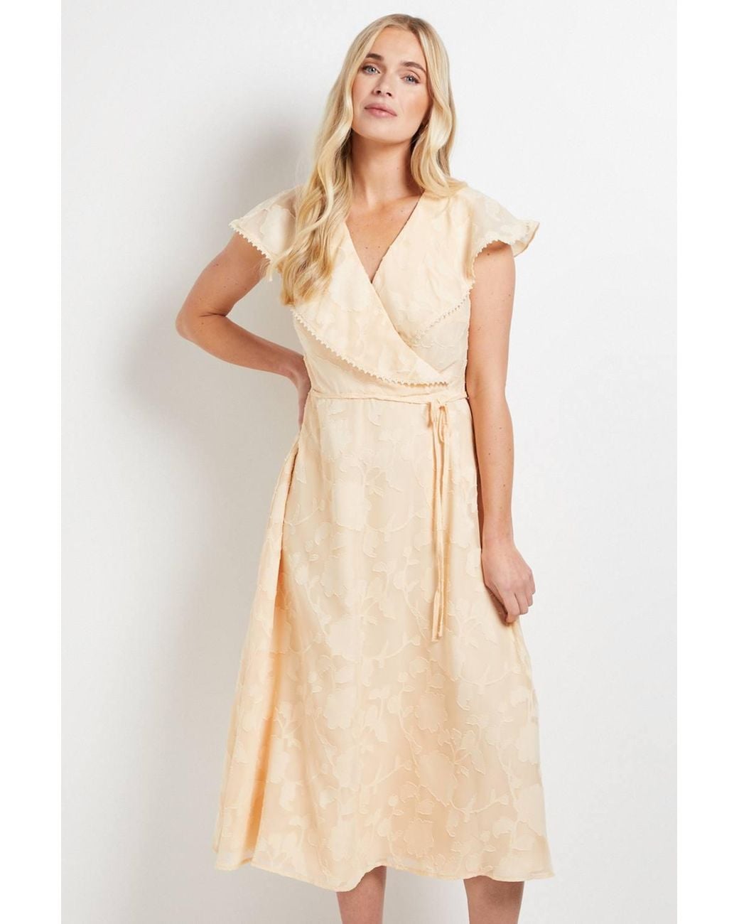 Wallis Natural Petite Floral Burn Out Ruffle Midi Dress