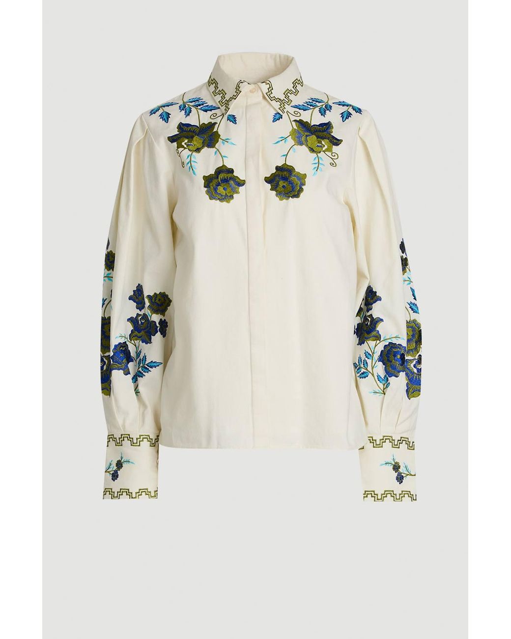 Karen Millen Blue Rose Embroidered Cotton Twill Woven Blouse