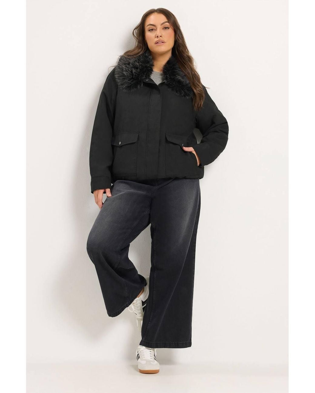 Yours Black Faux Fur Trim Bomber Jacket