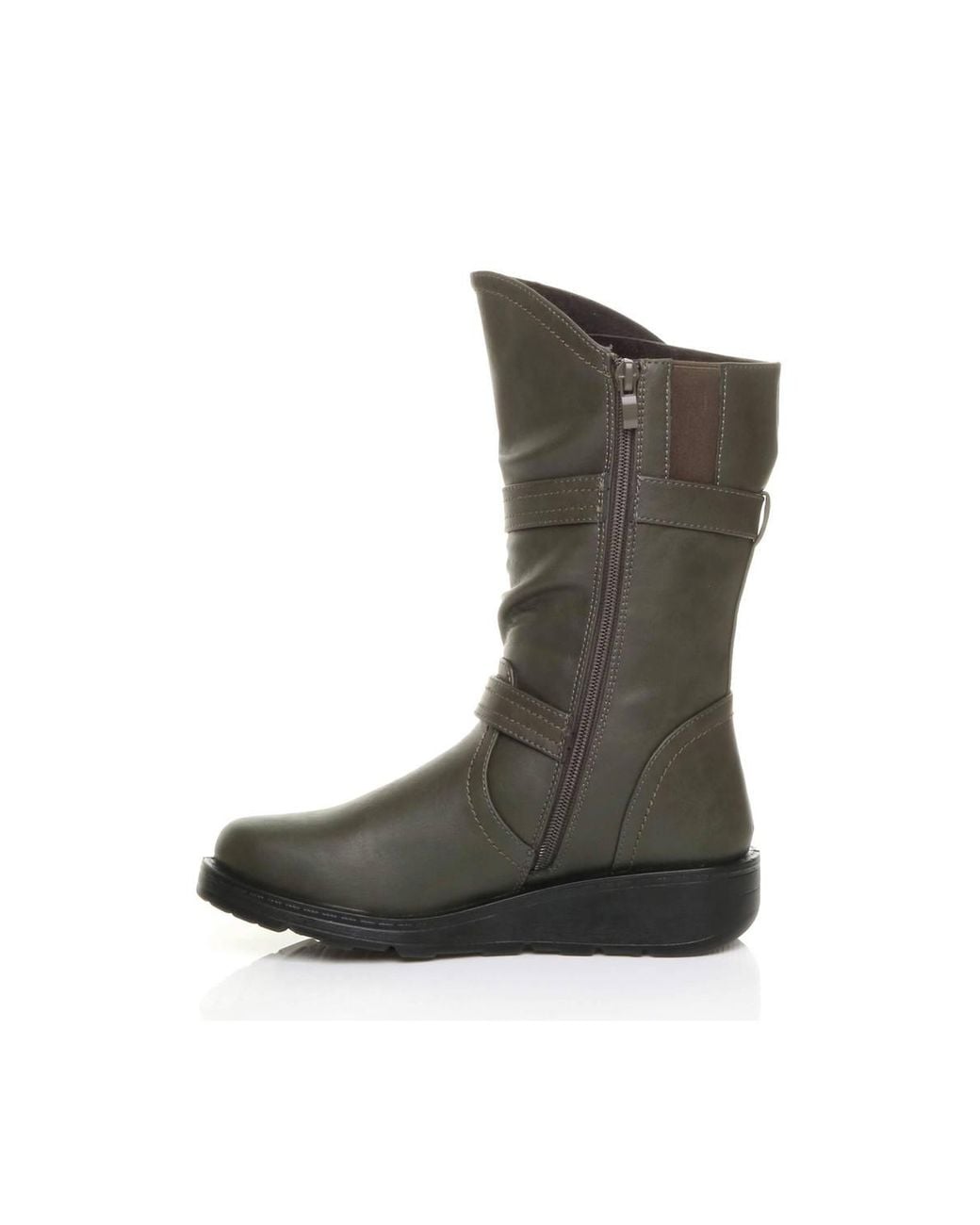 AJVANI Green Low Wedge Heel Comfort Calf Biker Boots