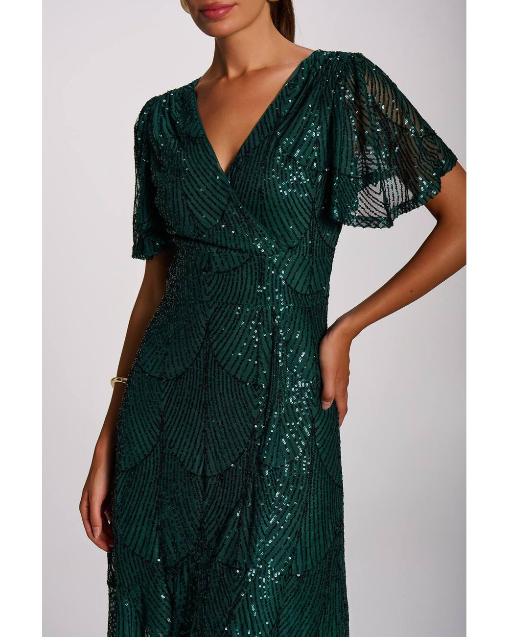 Jolie Moi Green Sequin Angel Sleeve Flare Hem Maxi Dress