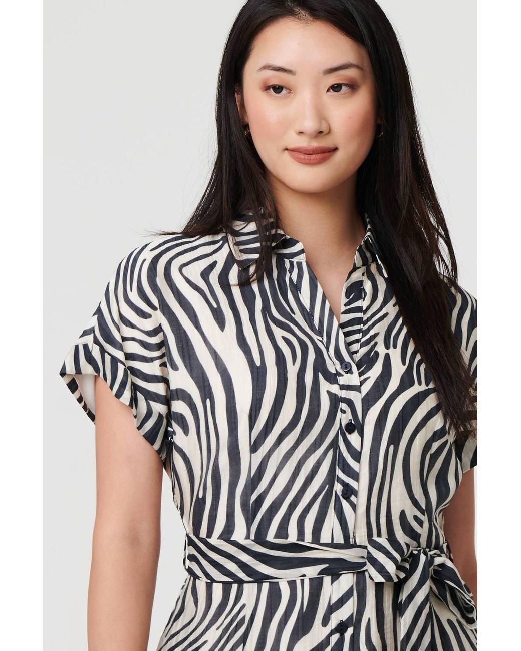 Izabel London Black Zebra Print Tie Waist Midi Shirt Dress