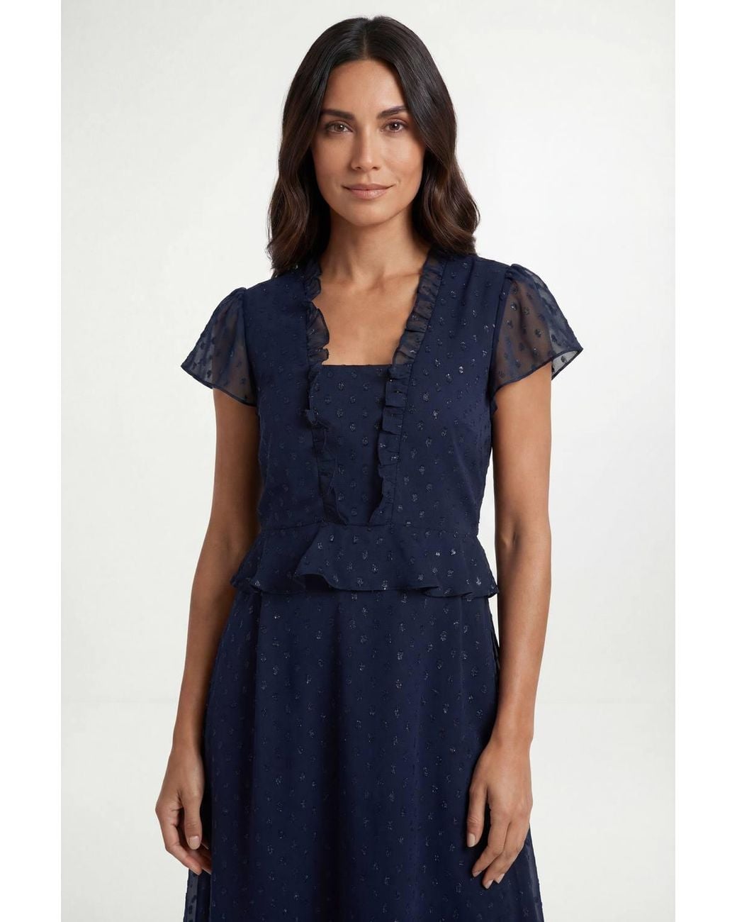 Wallis Blue Metallic Polka Dot Ruffle Midi Dress