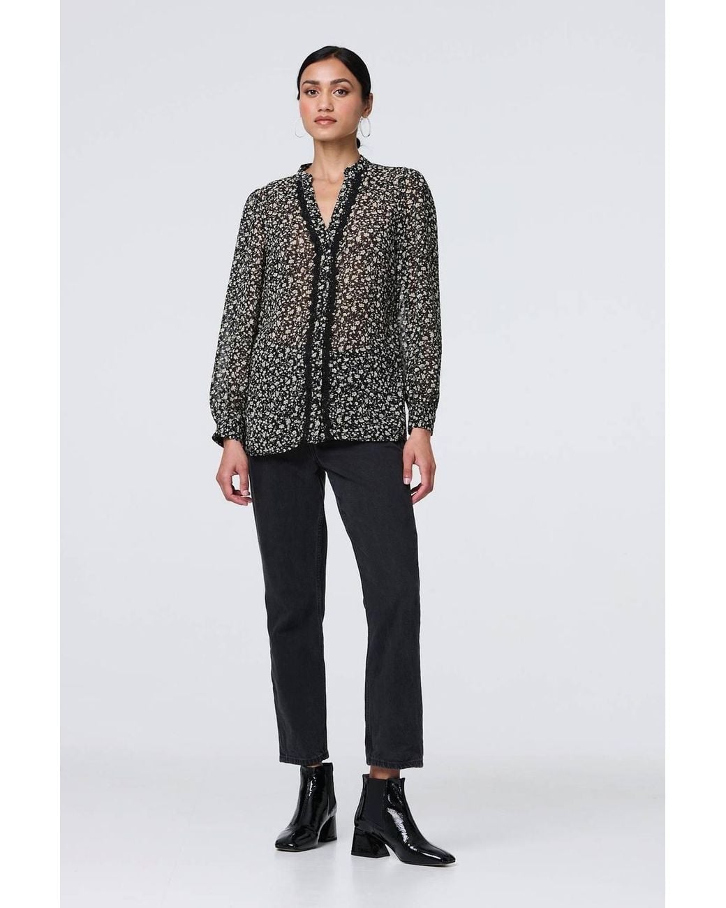 Izabel London Black Ditsy Floral Semi Sheer Long Sleeve Blouse