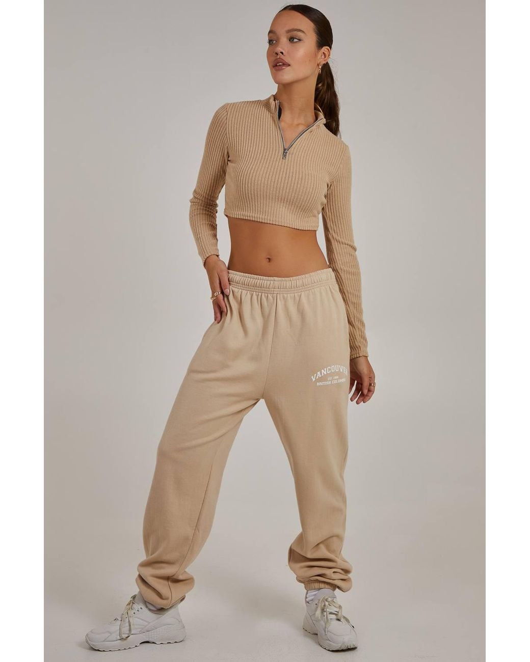 Pink Vanilla Brown Chunky Brushed Rib Zip Up Top