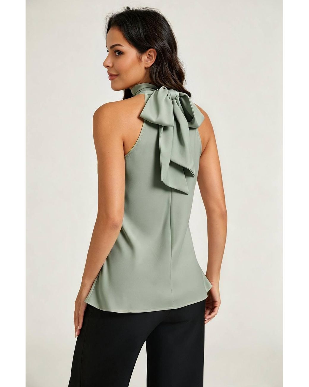 FS Collection Blue High Neck Sleeveless Satin Blouse Top