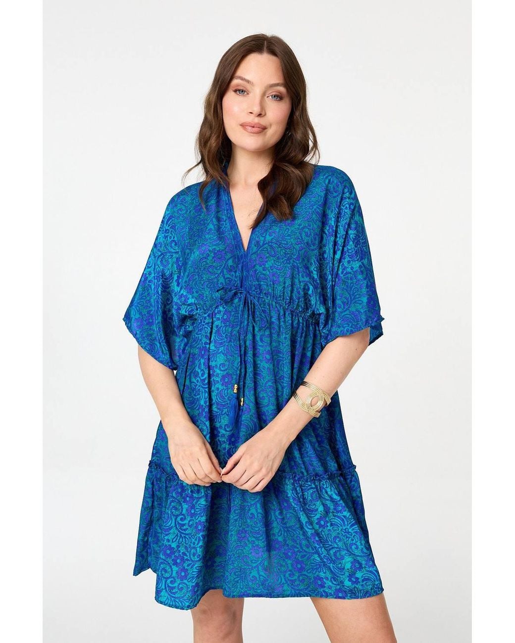 Izabel London Blue Paisley 3/4 Sleeve Relaxed Short Dress