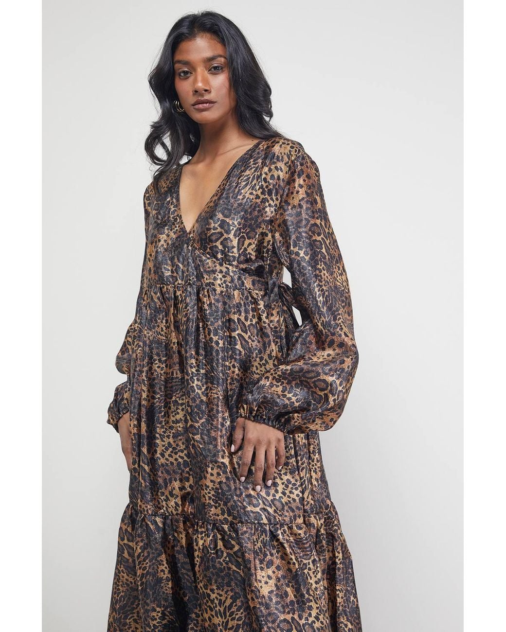 Warehouse Brown Textured Organza Wrap Tier Smock Midi Dress