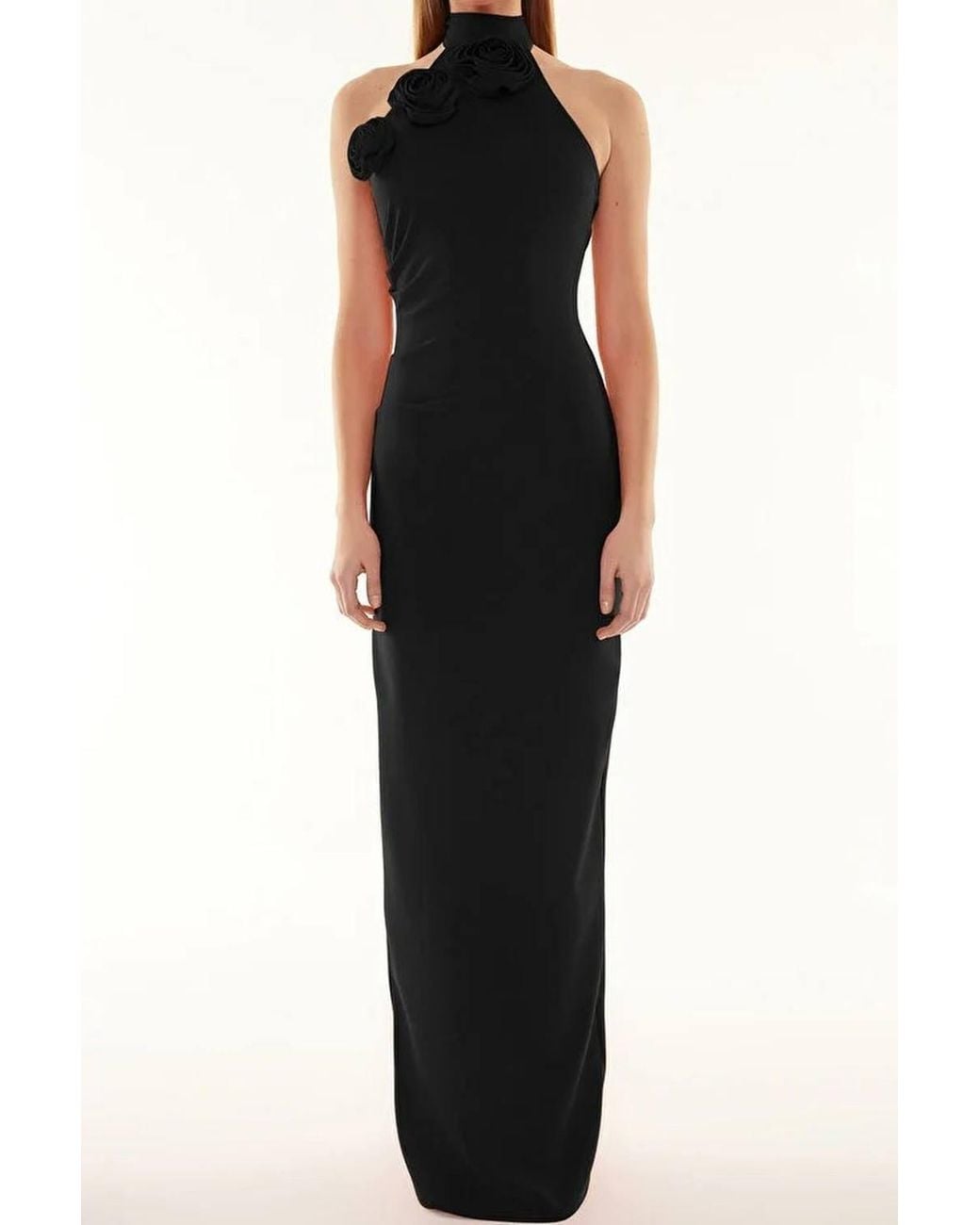 WOVCOR Black Woven Maxi Elegant Evening Dress W/ Rose Detail