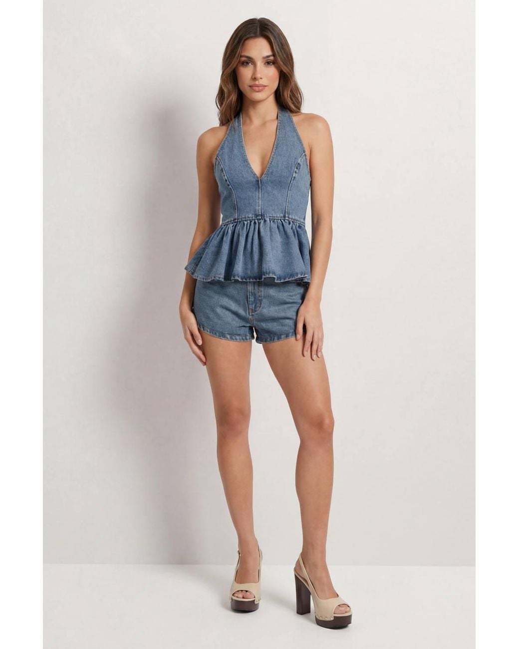 MissPap Blue Peplum Hem Denim Top
