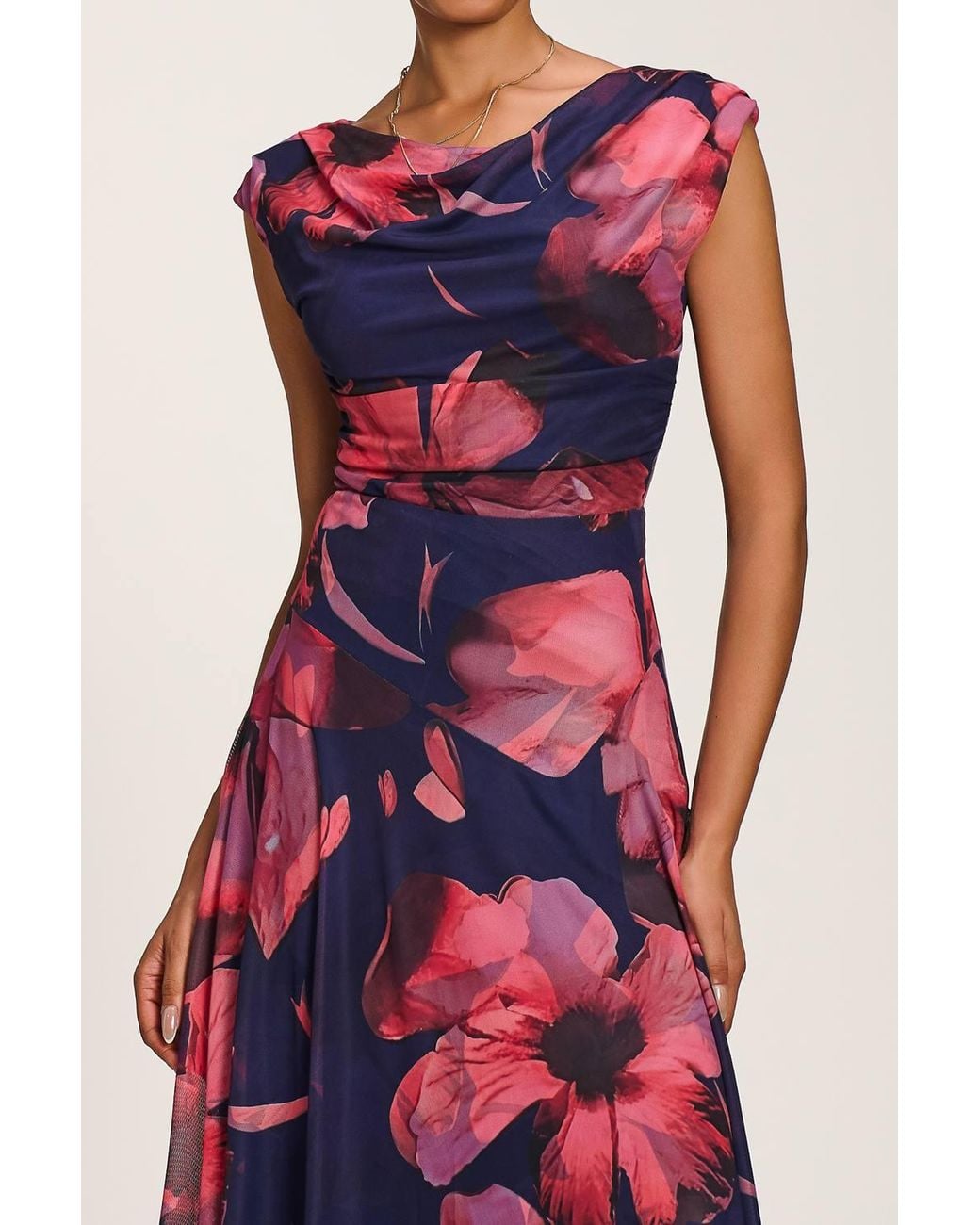 Jolie Moi Red Asymmetrical Draped Mesh Maxi Dress
