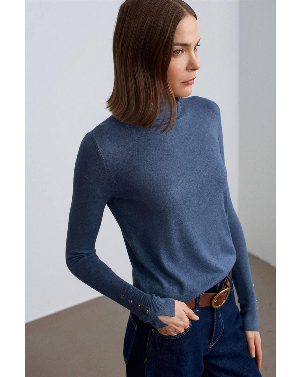Dilvin Blue Turtleneck Knit Sweater W/ Buttons
