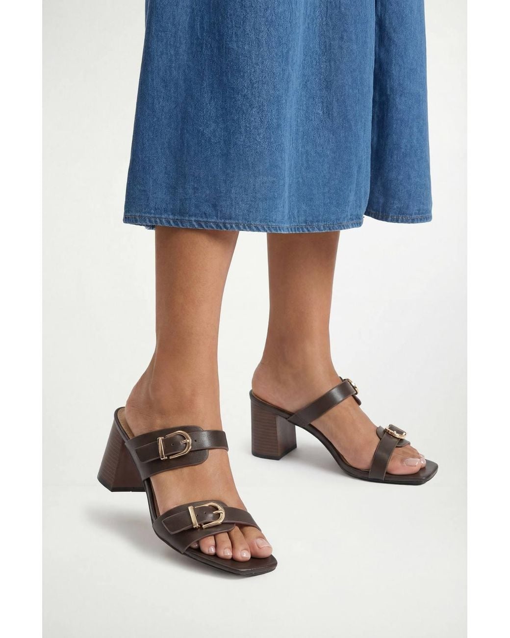 Wallis Blue Axel Faux Leather Buckle Detail Block Heel Mules