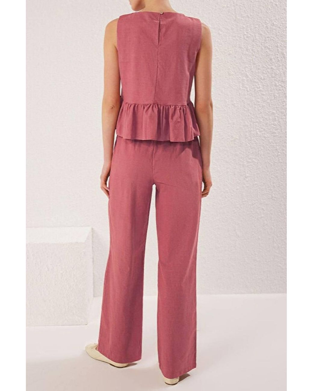 WOVCOR Pink 2-Piece Linen-Look Woven Sleeveless Top & Wide-Leg Trouser Set