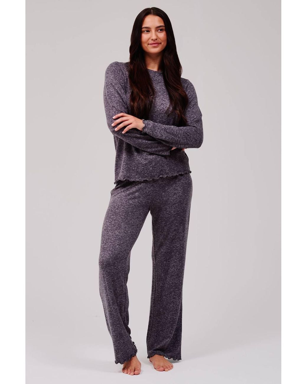 Loungeable Blue Marl Brushed Rib Long Sleeve Top & Trouser Set