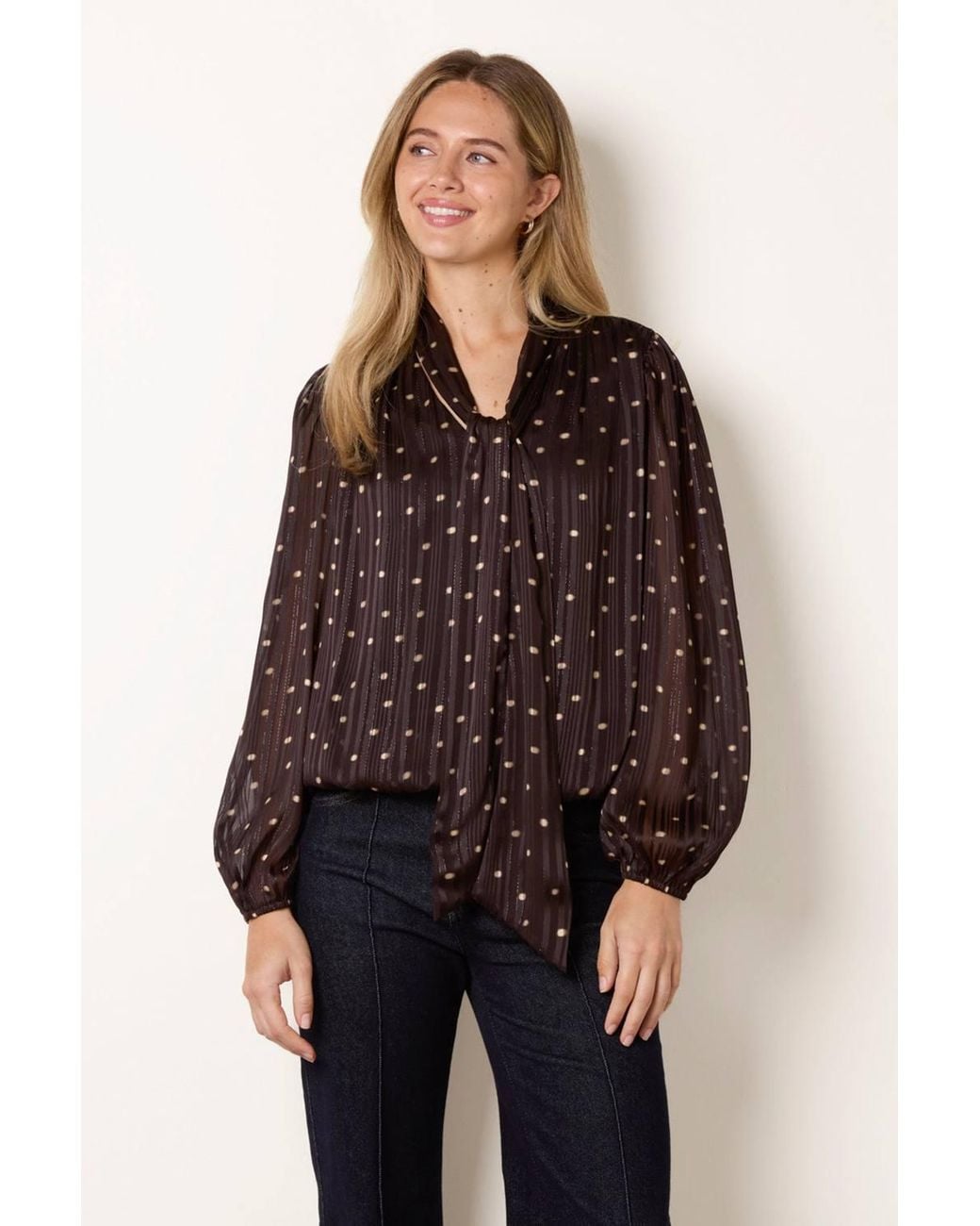 Blue Vanilla Brown Long Sleeve V-Neck Blouse