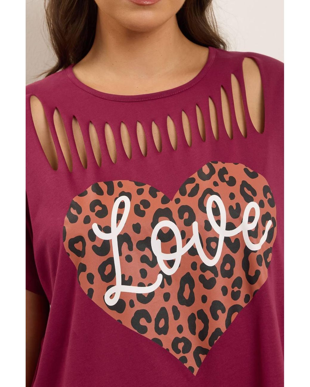 Yours Red Leopard Heart Slash Detail Top