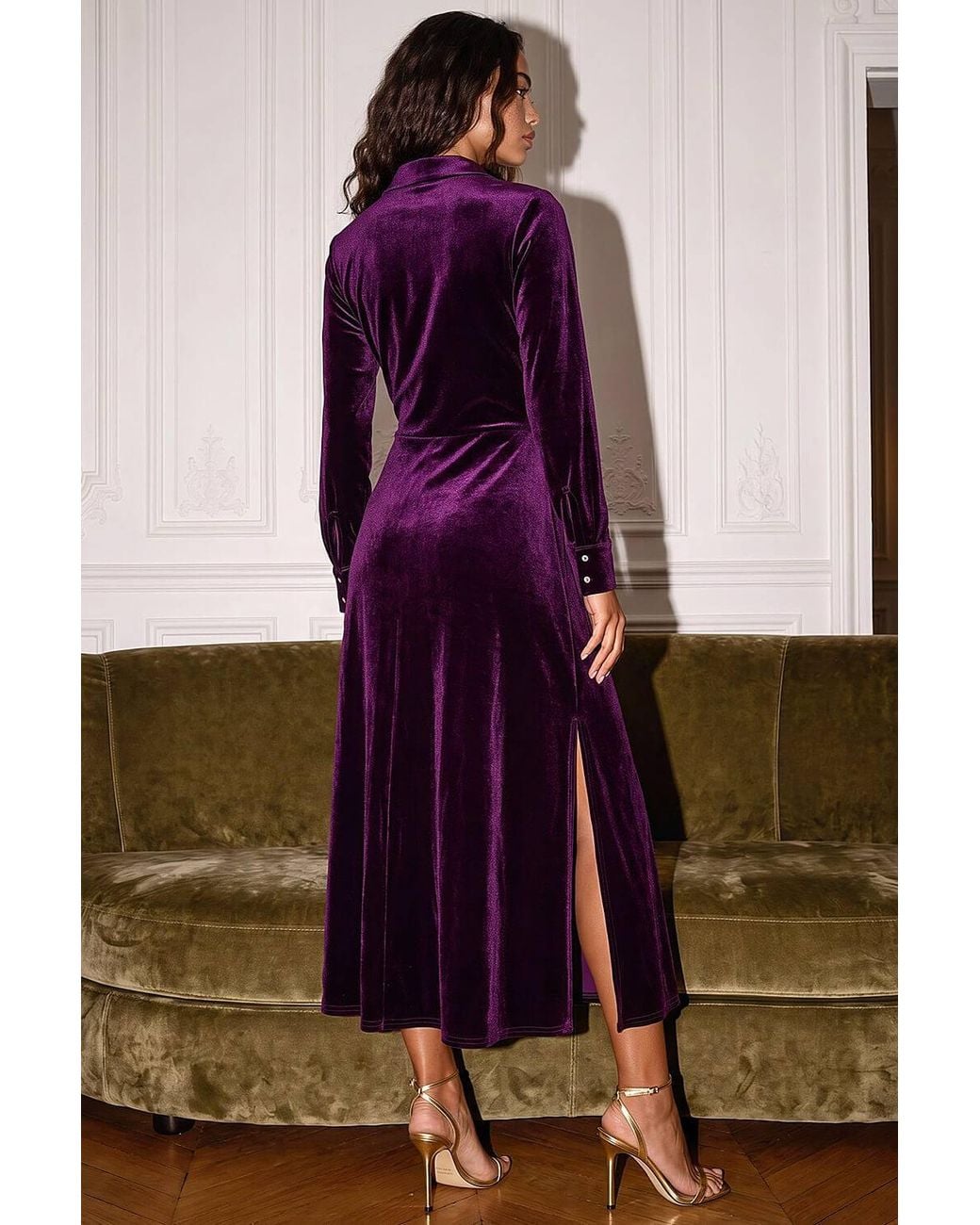 D.u.s.k Purple Velvet Button Midi Shirt Dress