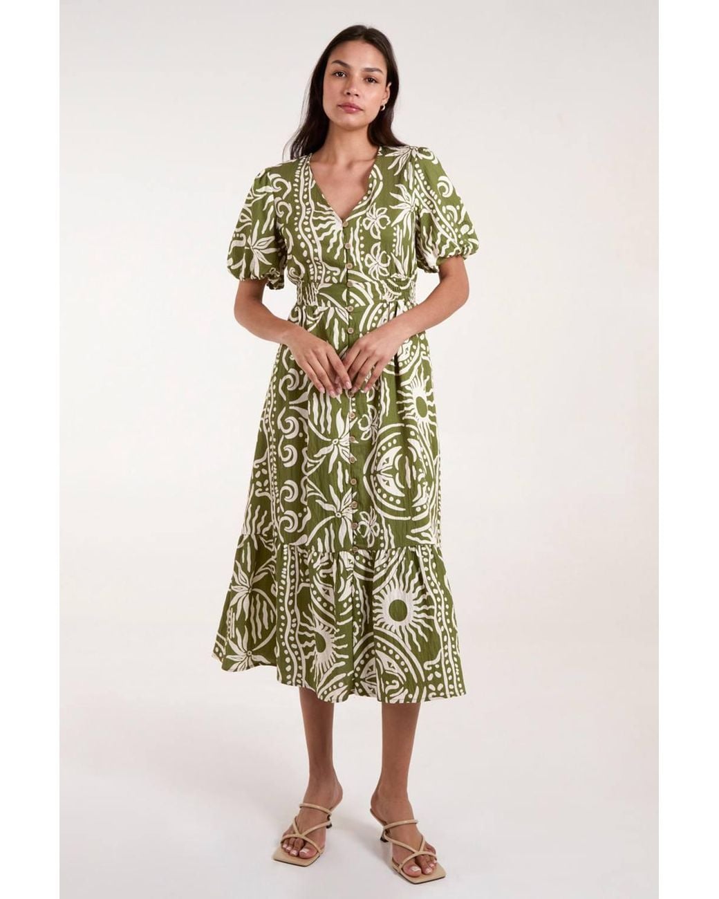 Blue Vanilla Green Elasticated Waist Short Sleeve Button Up V-Neck Midi Dress