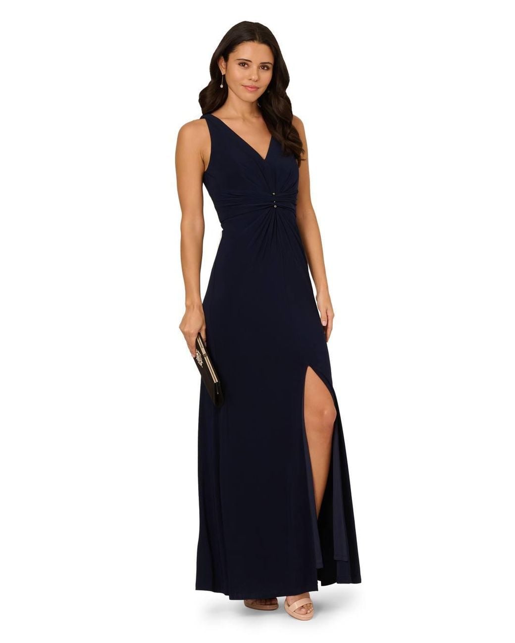 Adrianna Papell Blue Shirred Mermaid Jersey Gown Dress