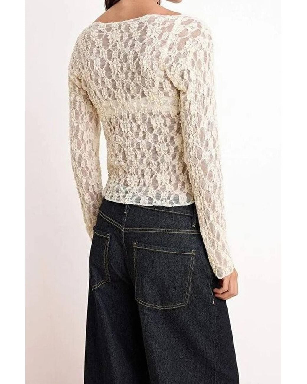 WOVCOR Natural Bardot Neck Lace Detail Fitted Knit Blouse W/ Long Sleeves