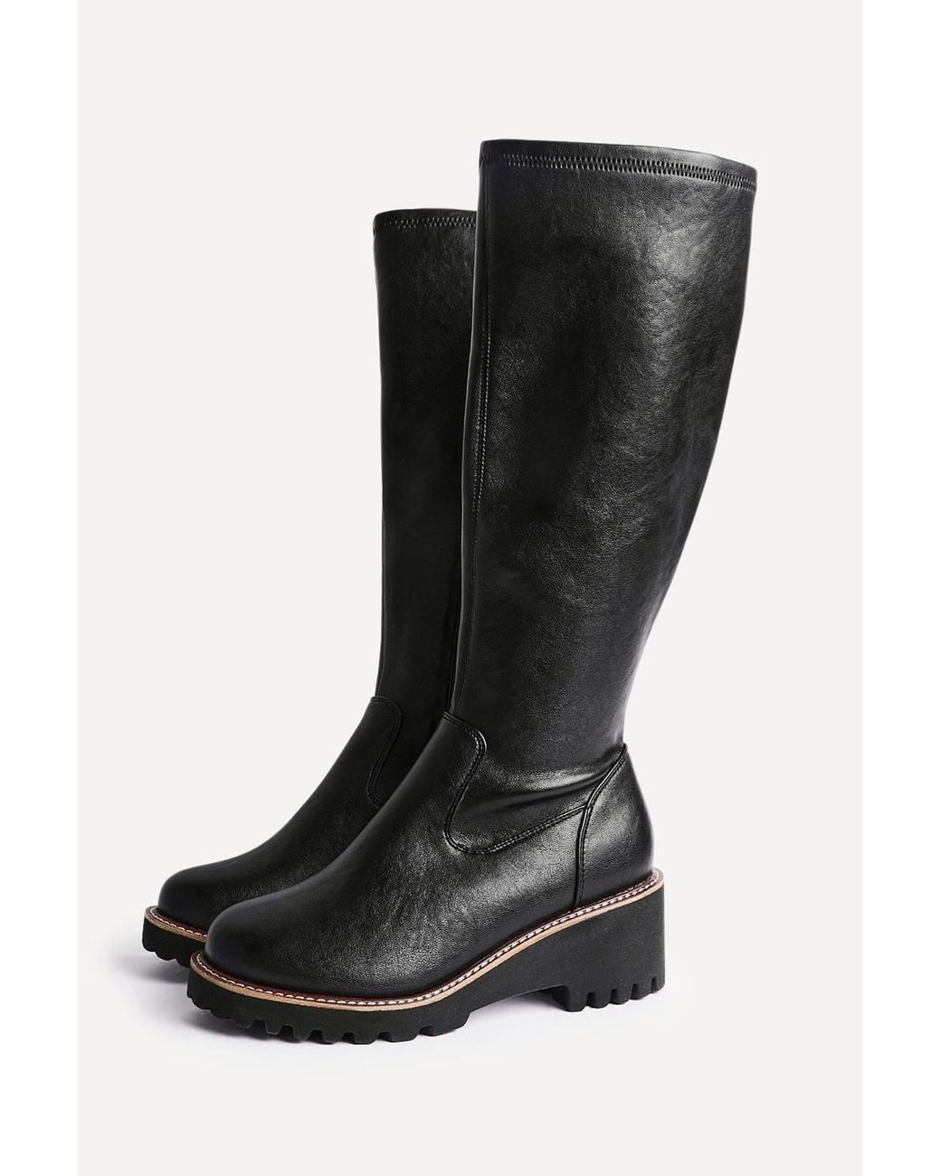 Linzi Black Maintain Wide Fit Faux Leather Stretch High Leg Wedge Boot