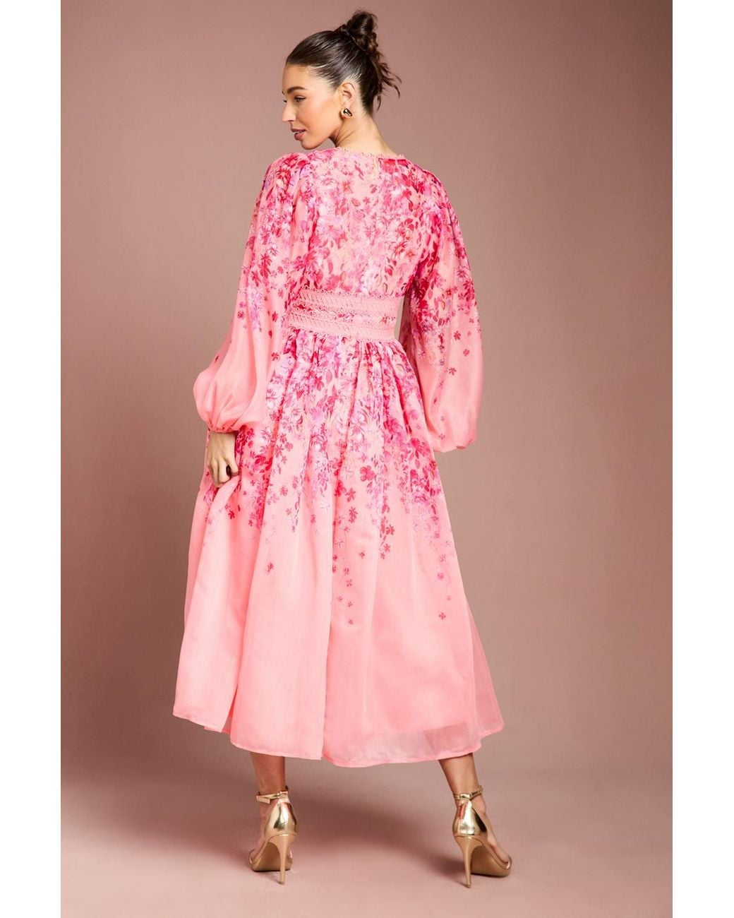 Coast Pink Organza Floral Placement Lace Trim Midaxi Dress