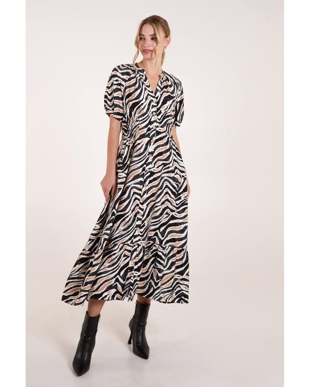 Blue Vanilla Natural Shirred Waist Button Front Puff Sleeve Midi Dress