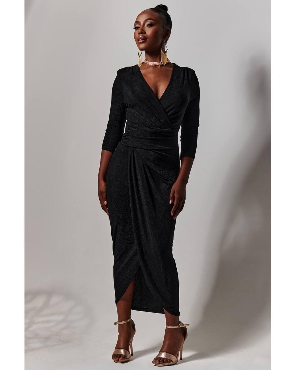 Jolie Moi Black Wrap Sparkly Maxi Bodycon Dress