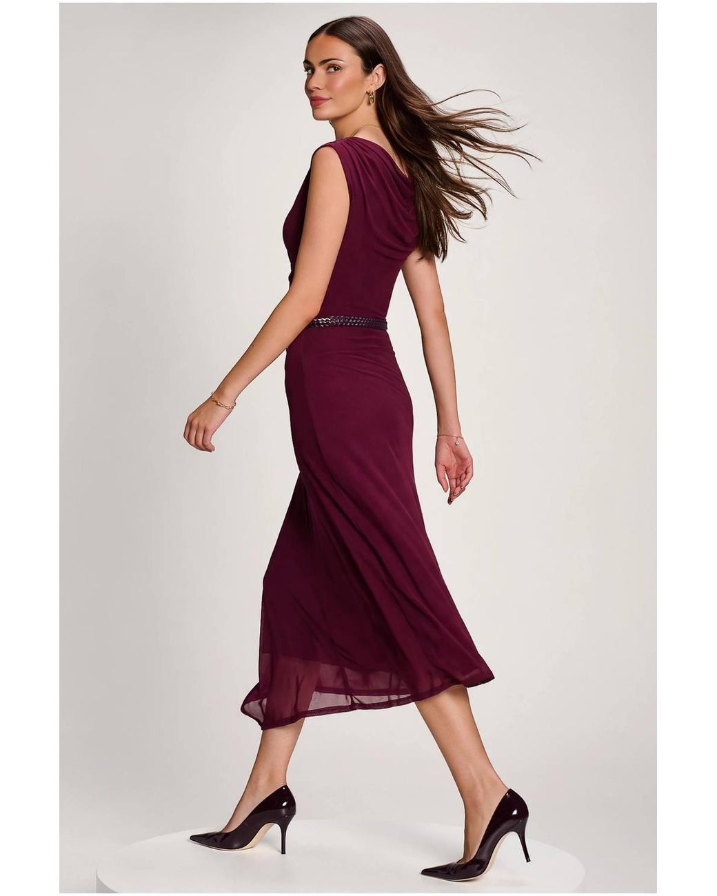 Jolie Moi Red Asymmetric Draped Mesh Maxi Dress