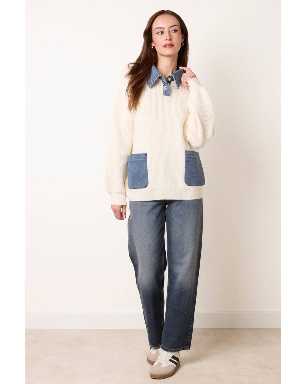 Blue Vanilla White Long Sleeve Button Up Collar Jumper