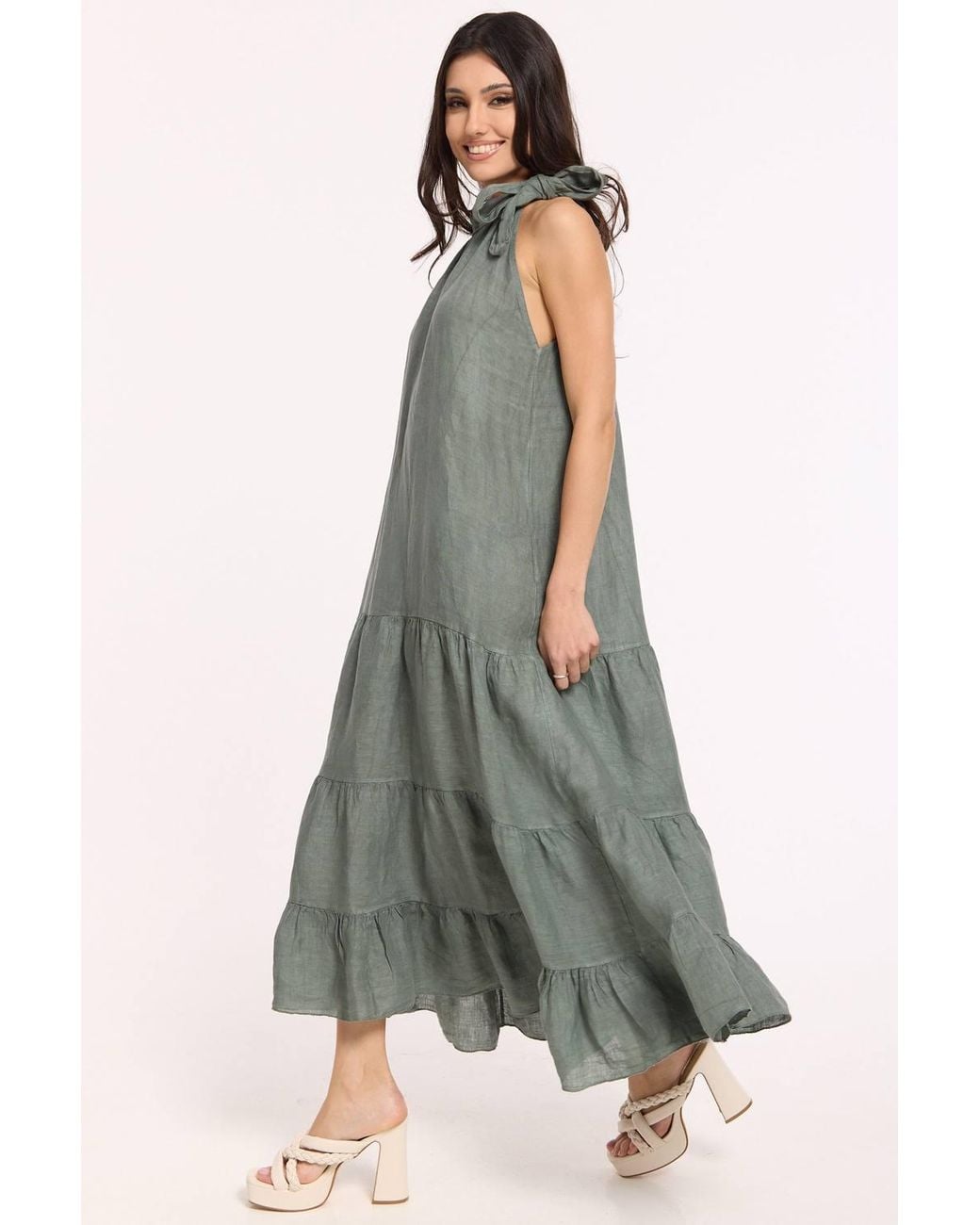 Liquorish Green Sage Linen Tie Neck Tiered Maxi Dress