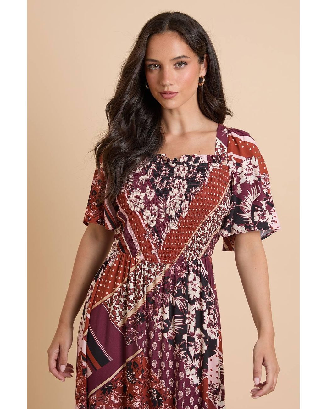 Dorothy Perkins Pink Patchwork Shirred Bodice Flutter Sleeve Midi Dress